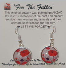 Load image into Gallery viewer, Original painting of red poppies with an abstract background on surgical steel 14mm round fishhook earrings