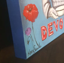 Load image into Gallery viewer, Original Artwork painted ANZAC Day 2024. WWI Nurse in a red cape holding a bowl with the word devotion underneath w/ one purple & two red poppies, blue background.