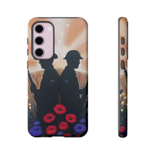 Load image into Gallery viewer, Phone case with an Australian and New Zealand soldier back to back with light-horsemen in the background and poppies in the foreground