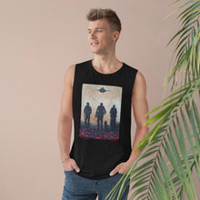 Load image into Gallery viewer, Regular fit sleeveless tank tee is 100% light cotton w/ low & raw (unsewn) armholes by Kerry Sandhu Art. 7 ANZAC designs