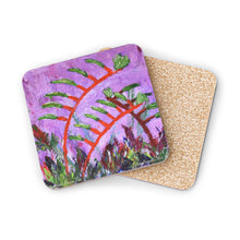 Load image into Gallery viewer, Corkwood underside, glossy finish on top. 1 or 4 pc sets. 9.5 x 9.5cm. Impressionistic painting of kangaroo paw flowers