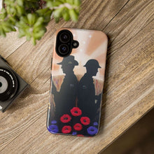 Load image into Gallery viewer, Phone case with an Australian and New Zealand soldier back to back with light-horsemen in the background and poppies in the foreground