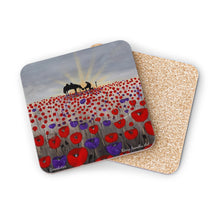 Load image into Gallery viewer, Corkwood underside, glossy finish on top. 1 or 4 pc sets. 9.5 x 9.5cm. Soldier & horse in a field of red & purple poppies