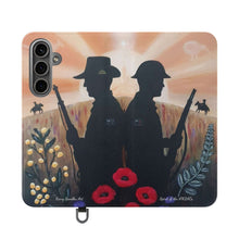Load image into Gallery viewer, Phone case wallet with an Australian and New Zealand soldier back to back with light-horsemen in the background and poppies in the foreground
