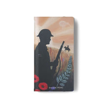 Load image into Gallery viewer, Phone case wallet with an Australian and New Zealand soldier back to back with light-horsemen in the background and poppies in the foreground