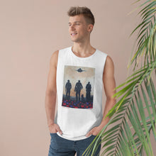 Load image into Gallery viewer, Regular fit sleeveless tank tee is 100% light cotton w/ low & raw (unsewn) armholes by Kerry Sandhu Art. 7 ANZAC designs