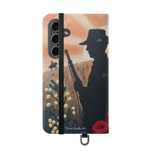 Load image into Gallery viewer, Phone case wallet with an Australian and New Zealand soldier back to back with light-horsemen in the background and poppies in the foreground