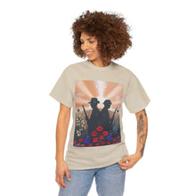 Load image into Gallery viewer, T-shirt with an Australian and New Zealand soldier back to back with light-horsemen in the background and poppies in the foreground