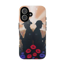 Load image into Gallery viewer, Phone case with an Australian and New Zealand soldier back to back with light-horsemen in the background and poppies in the foreground