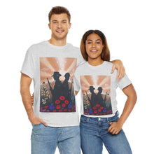 Load image into Gallery viewer, T-shirt with an Australian and New Zealand soldier back to back with light-horsemen in the background and poppies in the foreground