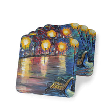 Load image into Gallery viewer, Corkwood underside, glossy finish on top. 1 or 4 pc sets. 9.5 x 9.5cm. Park bench under street lights with water reflections