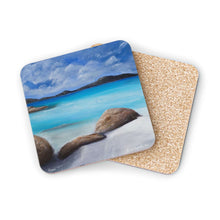 Load image into Gallery viewer, Corkwood underside, glossy finish on top. 1 or 4 pc sets. 9.5x9.5cm. Turquoise ocean, beach rocks, Denmark Western Australia.