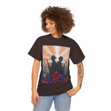 Load image into Gallery viewer, T-shirt with an Australian and New Zealand soldier back to back with light-horsemen in the background and poppies in the foreground