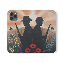 Load image into Gallery viewer, Phone case wallet with an Australian and New Zealand soldier back to back with light-horsemen in the background and poppies in the foreground