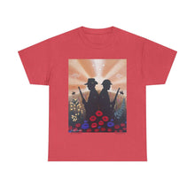 Load image into Gallery viewer, T-shirt with an Australian and New Zealand soldier back to back with light-horsemen in the background and poppies in the foreground