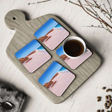 Load image into Gallery viewer, Corkwood underside, glossy finish on top. 1 or 4 pc sets. 9.5 x 9.5cm. Gantheaume Point, Broome Western Australia.