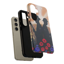 Load image into Gallery viewer, Phone case with an Australian and New Zealand soldier back to back with light-horsemen in the background and poppies in the foreground