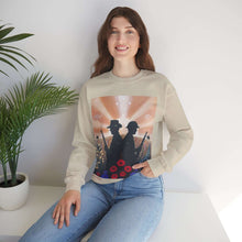 Load image into Gallery viewer, Sweatshirt with an Australian and New Zealand soldier back to back with light-horsemen in the background and poppies in the foreground