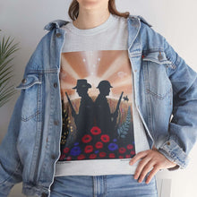 Load image into Gallery viewer, T-shirt with an Australian and New Zealand soldier back to back with light-horsemen in the background and poppies in the foreground