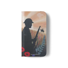 Load image into Gallery viewer, Phone case wallet with an Australian and New Zealand soldier back to back with light-horsemen in the background and poppies in the foreground