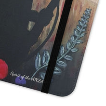 Load image into Gallery viewer, Phone case wallet with an Australian and New Zealand soldier back to back with light-horsemen in the background and poppies in the foreground
