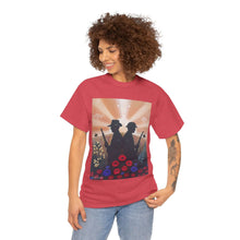Load image into Gallery viewer, T-shirt with an Australian and New Zealand soldier back to back with light-horsemen in the background and poppies in the foreground