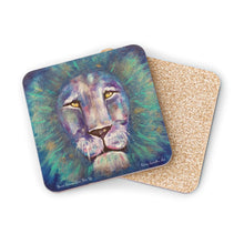 Load image into Gallery viewer, Corkwood underside, glossy finish on top. 1 or 4 pc sets. 9.5 x 9.5cm. Bold coloured lion head portrait. Leo the lion