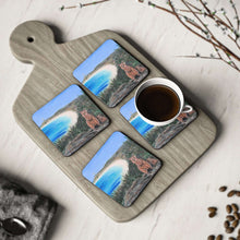 Load image into Gallery viewer, Corkwood underside, glossy finish on top. 1 or 4 pc sets. 9.5 x 9.5cm. Iconic quokkas on Rottnest Island Western Australia