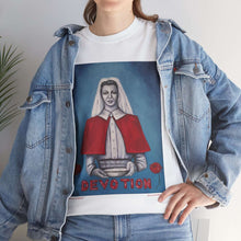 Load image into Gallery viewer, WWI Nurse in a red cape, holding a pan with red poppies and the word Devotion at the bottom