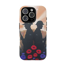 Load image into Gallery viewer, Phone case with an Australian and New Zealand soldier back to back with light-horsemen in the background and poppies in the foreground