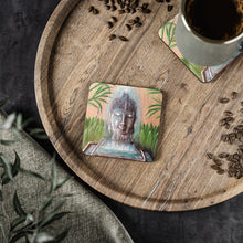 Load image into Gallery viewer, Corkwood underside, glossy finish on top. 1 or 4 pc sets. 9.5 x 9.5cm. Peaceful Buddha statue water fountain w/ bamboo behind