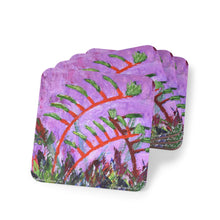 Load image into Gallery viewer, Corkwood underside, glossy finish on top. 1 or 4 pc sets. 9.5 x 9.5cm. Impressionistic painting of kangaroo paw flowers