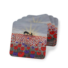 Load image into Gallery viewer, Corkwood underside, glossy finish on top. 1 or 4 pc sets. 9.5 x 9.5cm. Soldier & horse in a field of red & purple poppies