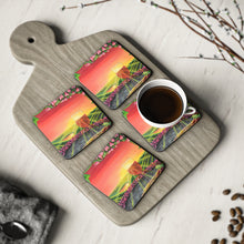 Load image into Gallery viewer, Corkwood underside, glossy finish on top. 1 or 4 pc sets. 9.5x9.5cm. Wine glass, grapes, vineyard, flowers, sunset, sunrays