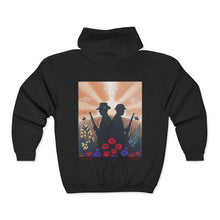 Load image into Gallery viewer, Zip-up hoodie with an Australian and New Zealand soldier back to back with light-horsemen in the background and poppies in the foreground