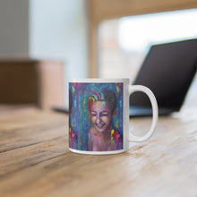 Load image into Gallery viewer, 11oz BPA, lead-free, microwave/dishwasher safe, white ceramic, vivid colours. Many original artworks by Kerry Sandhu Art