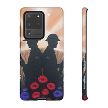 Load image into Gallery viewer, Phone case with an Australian and New Zealand soldier back to back with light-horsemen in the background and poppies in the foreground