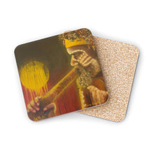 Load image into Gallery viewer, Corkwood underside, glossy finish on top. 1 or 4 pc sets. 9.5 x 9.5cm. First Nations Aboriginal male playing a didgeridoo