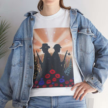 Load image into Gallery viewer, T-shirt with an Australian and New Zealand soldier back to back with light-horsemen in the background and poppies in the foreground