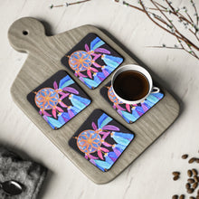 Load image into Gallery viewer, Corkwood underside, glossy finish on top. 1 or 4 pc sets. 9.5 x 9.5cm. Colourful feathered dreamcatcher w/ a black background