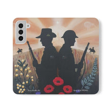 Load image into Gallery viewer, Phone case wallet with an Australian and New Zealand soldier back to back with light-horsemen in the background and poppies in the foreground