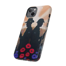 Load image into Gallery viewer, Phone case with an Australian and New Zealand soldier back to back with light-horsemen in the background and poppies in the foreground