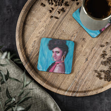 Load image into Gallery viewer, Corkwood underside, glossy finish on top. 1 or 4 pc sets. 9.5 x 9.5cm. Portrait of a beautiful female w/ turquoise flames