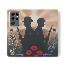 Load image into Gallery viewer, Phone case wallet with an Australian and New Zealand soldier back to back with light-horsemen in the background and poppies in the foreground