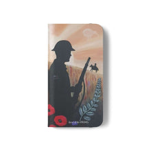 Load image into Gallery viewer, Phone case wallet with an Australian and New Zealand soldier back to back with light-horsemen in the background and poppies in the foreground