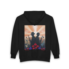 Load image into Gallery viewer, Zip-up hoodie with an Australian and New Zealand soldier back to back with light-horsemen in the background and poppies in the foreground