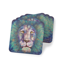 Load image into Gallery viewer, Corkwood underside, glossy finish on top. 1 or 4 pc sets. 9.5 x 9.5cm. Bold coloured lion head portrait. Leo the lion