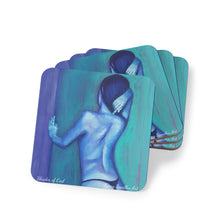 Load image into Gallery viewer, Corkwood underside, glossy finish on top. 1 or 4pc sets. 9.5x9.5cm. Back view of sexy female in g-string / thong, cool tones