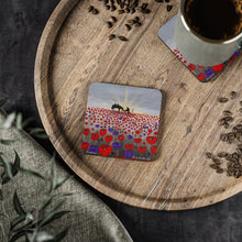 Load image into Gallery viewer, Corkwood underside, glossy finish on top. 1 or 4 pc sets. 9.5 x 9.5cm. Soldier & horse in a field of red & purple poppies