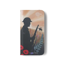 Load image into Gallery viewer, Phone case wallet with an Australian and New Zealand soldier back to back with light-horsemen in the background and poppies in the foreground